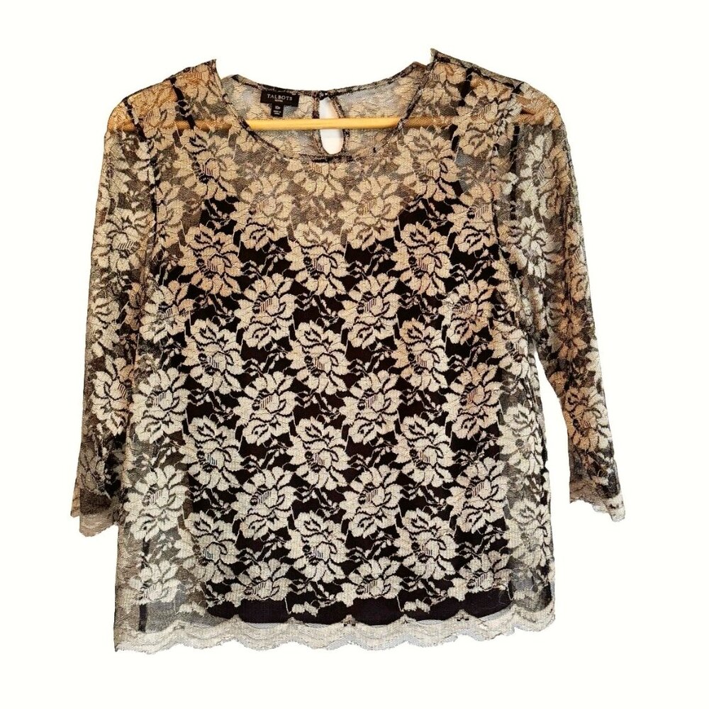 Talbots Lace Gold Overlay Black Scallop Hem Top Women’s 10 Petite Holiday Glam